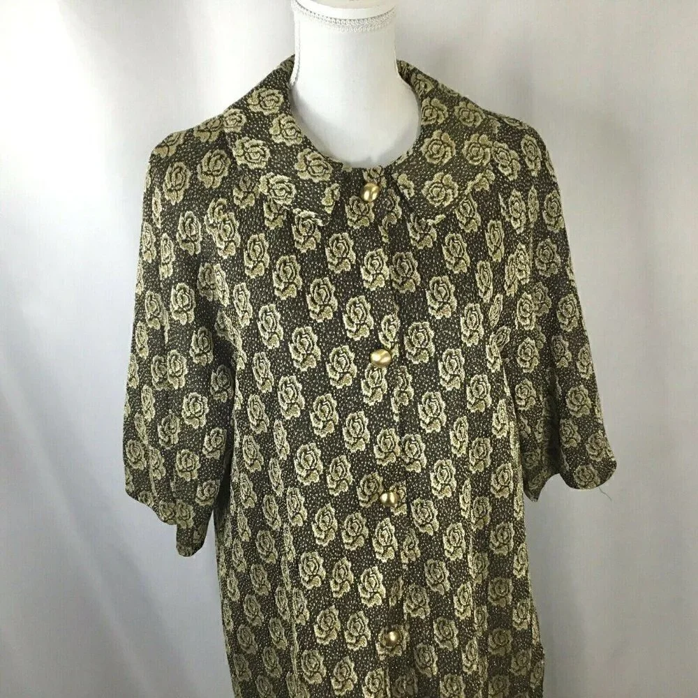 Vtg Dressing Gown Timely Fashions Womens Sz 14 Kimono Robe Gold Black 3/4 Sleeve